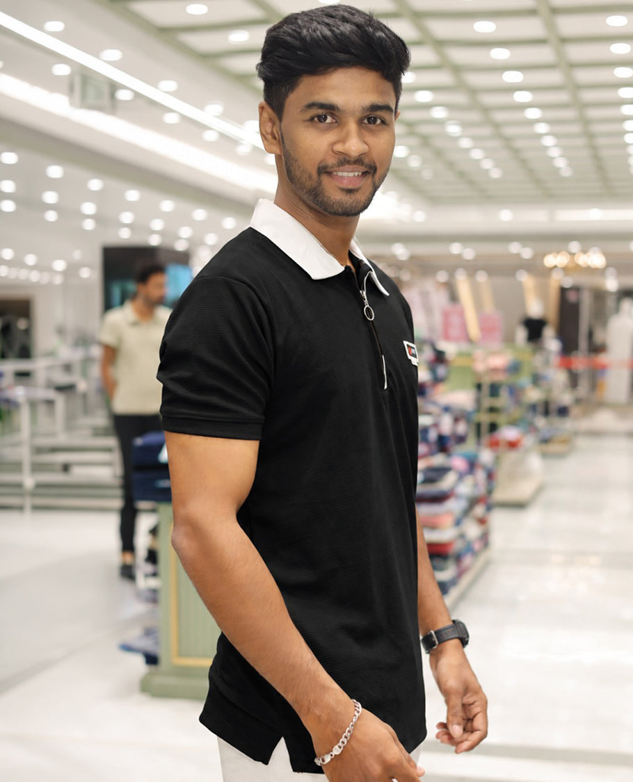Black Cotton-Blended Zipper T-Shirt Features Half-Sleeves, a Contrast Polo Collar, Slim Fit, and Regular Length