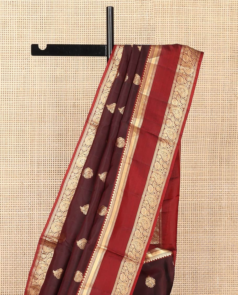 Maroon Mayuri Lite Silk Mix Saree, Finely Crafted with Zari Buttas on Its Body, Complemented by Contrast  Border of Rekku, Kathir, and Manga Designs, Contrast Pallu of Intricate Designs, and Paired with a Contrast Blouse