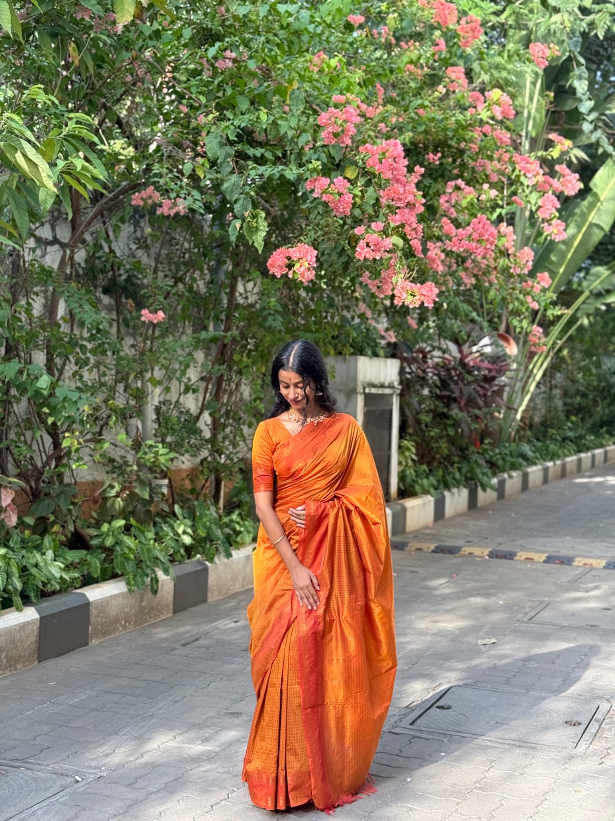 Mustard Checked Kalyani Cotton Saree, Contrast Rettai Pettu Rudraksham Border and a Matching Blouse