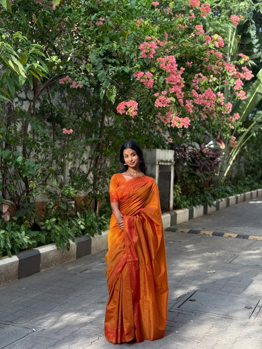 Mustard Checked Kalyani Cotton Saree, Contrast Rettai Pettu Rudraksham Border and a Matching Blouse