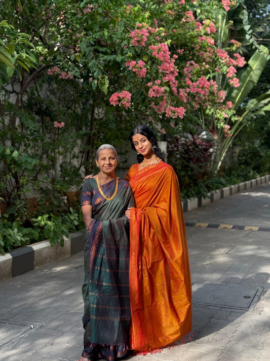 Green Checked Kalyani Cotton Saree, Contrast Rettai Pettu Rudraksham Border and a Matching Blouse
