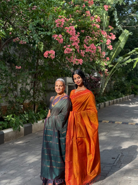 Green Checked Kalyani Cotton Saree, Contrast Rettai Pettu Rudraksham Border and a Matching Blouse