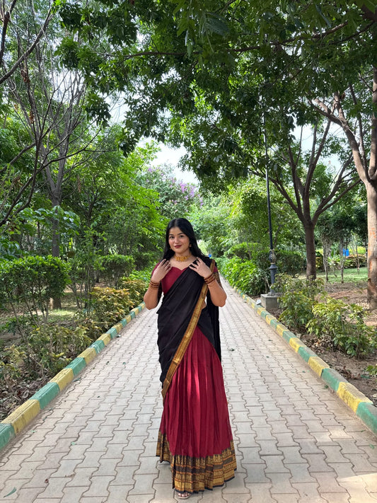 Red-Black Chettinad Cotton Saree Features a Plain Skirt, a Contrast Traditional Zari Border, Matching Blouse, and Contrast Syska Georgette Dhavani