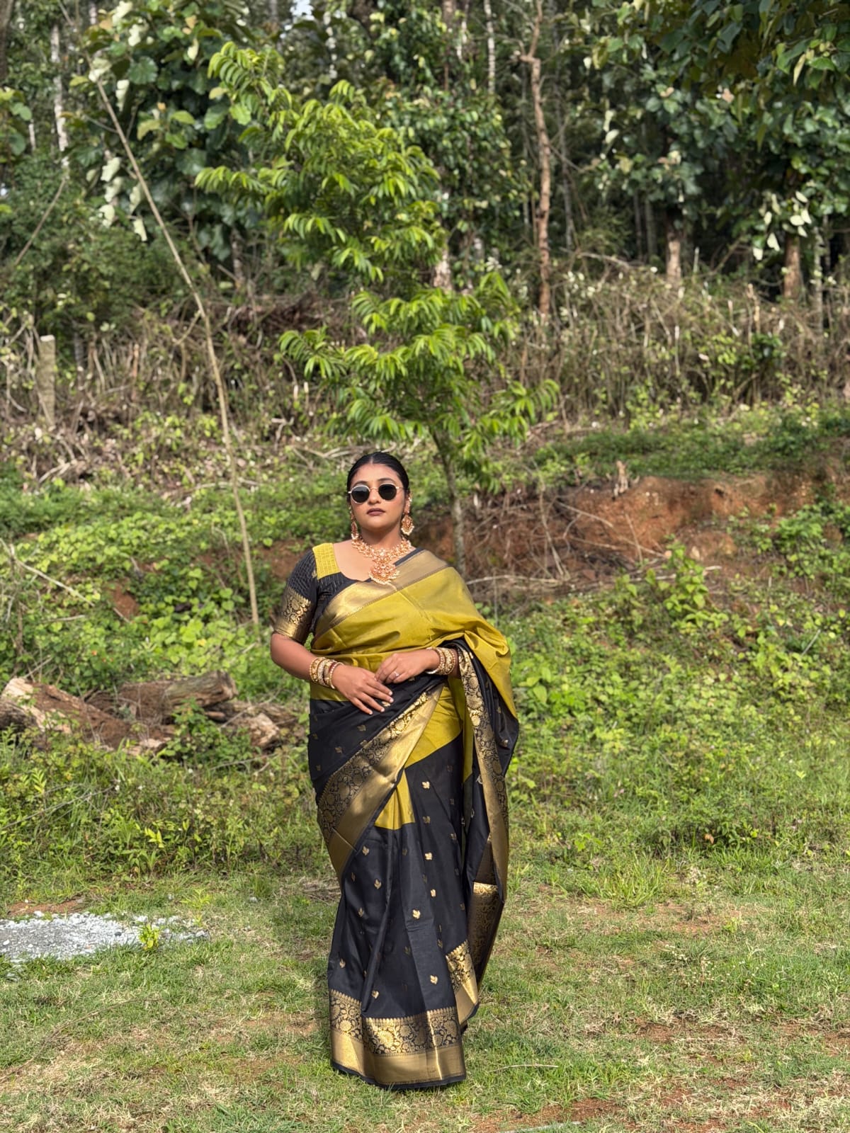 Mehendi and Black Banarasi Tissue Saree With Half-And-Half-Style and Zari Buttas All Over Its Body,Contrast Traditional Zari Design Border, a Self-Pallu, and Paired with a Matching Blouse