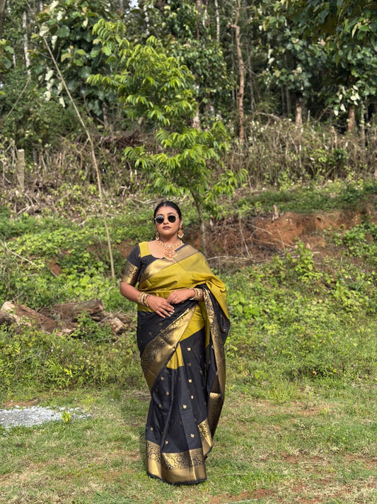 Mehendi and Black Banarasi Tissue Saree With Half-And-Half-Style and Zari Buttas All Over Its Body,Contrast Traditional Zari Design Border, a Self-Pallu, and Paired with a Matching Blouse