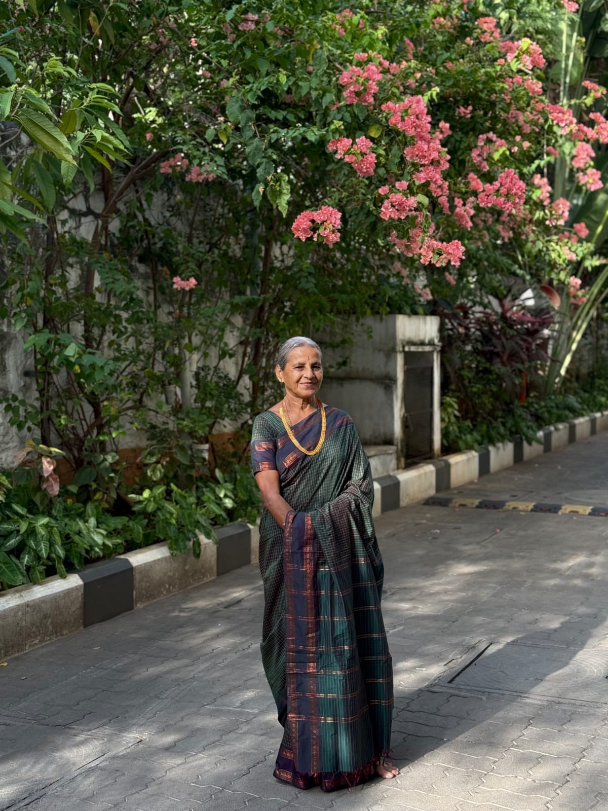 Green Checked Kalyani Cotton Saree, Contrast Rettai Pettu Rudraksham Border and a Matching Blouse