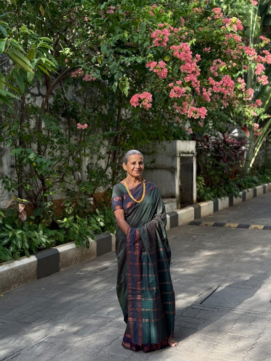 Green Checked Kalyani Cotton Saree, Contrast Rettai Pettu Rudraksham Border and a Matching Blouse