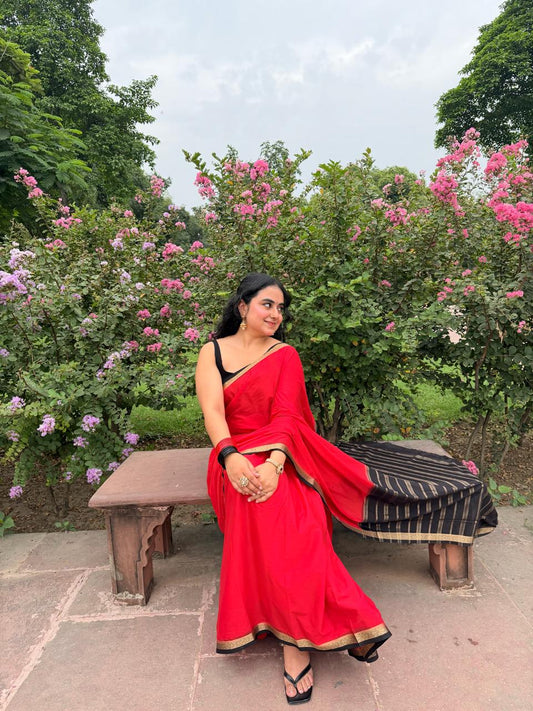 Red Plain Semi-Mysore Silk Saree, Complemented by a Contrast Traditional Zari Design Woven Border, Pallu Subtly Sparkled with Zari Stripes, and Paired with a Contrast Blouse