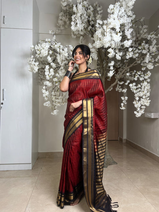 Rust Maroon-Dark Purple Vasundhara Lite Silkmix Saree with Checks, Contrast Border of Rekku, Manga Mokku, and Mayil Kann, Grand Pallu,Contrast Blouse