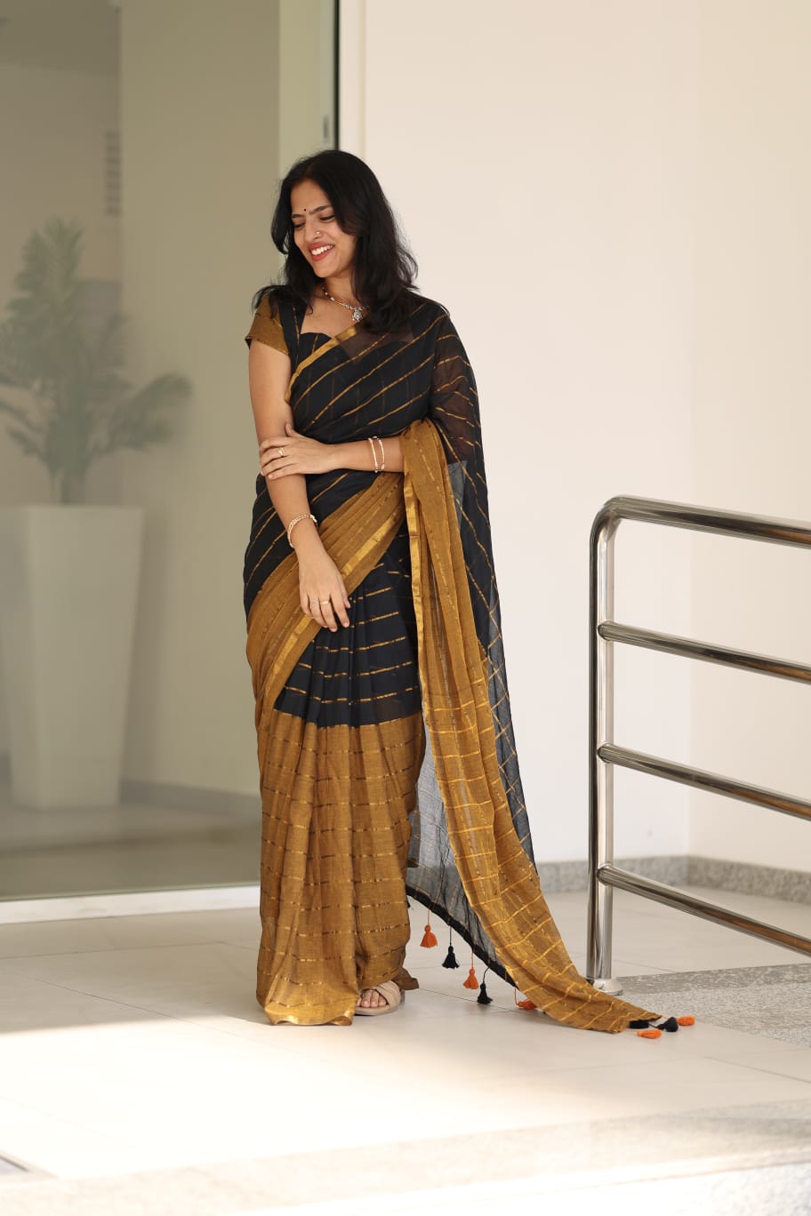 Mustard-Black Striped Khadi Mul Cotton Saree, a Piping Border, Striped Pallu, a Contrast Blouse
