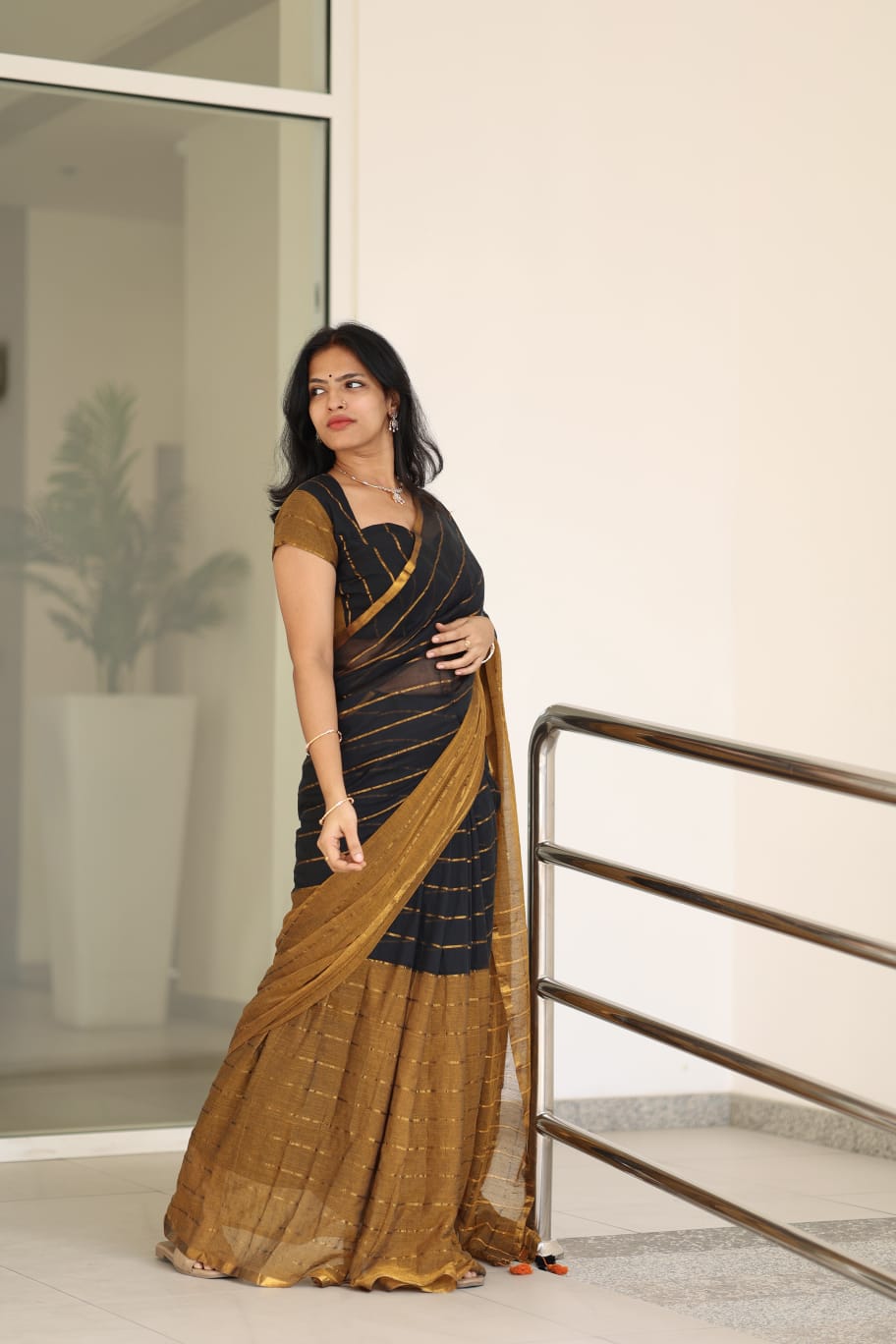 Mustard-Black Striped Khadi Mul Cotton Saree, a Piping Border, Striped Pallu, a Contrast Blouse