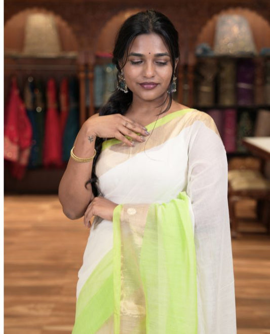 Off-White-Parrot Green Plain Half-And-Half-Style Khadi Mul Cotton Saree with a Zari Border, and No Blouse