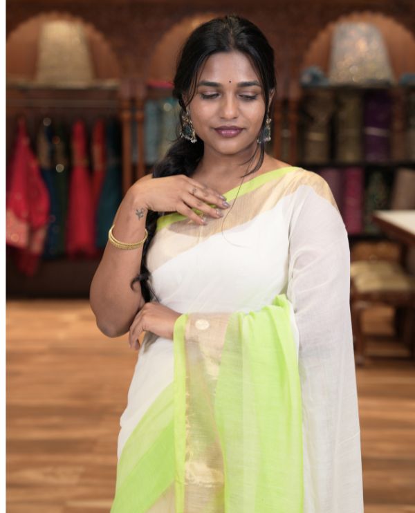 Off-White-Parrot Green Plain Half-And-Half-Style Khadi Mul Cotton Saree with a Zari Border, and No Blouse