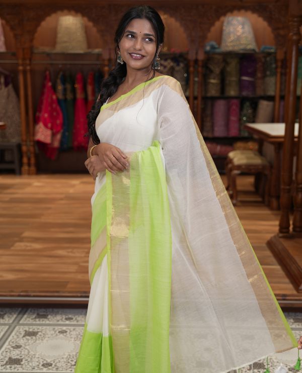 Off-White-Parrot Green Plain Half-And-Half-Style Khadi Mul Cotton Saree with a Zari Border, and No Blouse