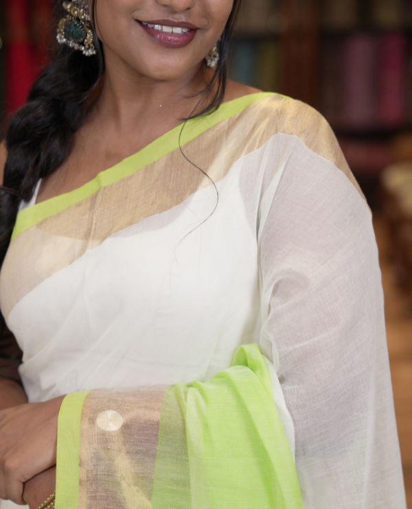 Off-White-Parrot Green Plain Half-And-Half-Style Khadi Mul Cotton Saree with a Zari Border, and No Blouse