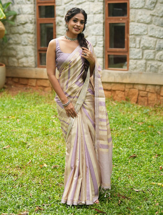 Chikku-Lavender Fancy Tussar Silk Saree, Adorned with Stripes, Zari Paisley Border, Striped Pallu, and Matching Blouse