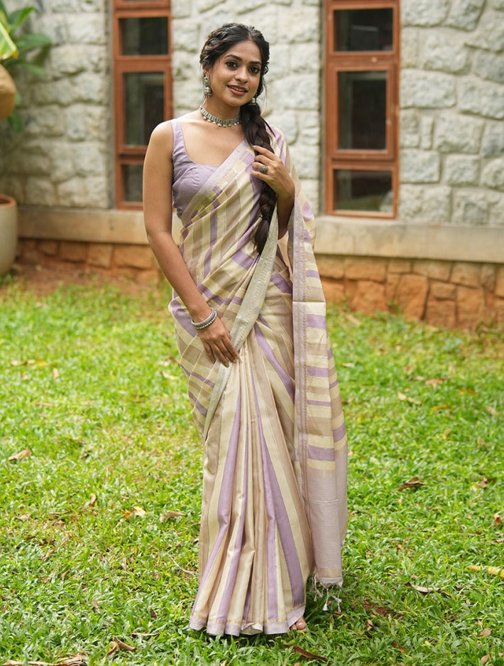 Chikku-Lavender Fancy Tussar Silk Saree, Adorned with Stripes, Zari Paisley Border, Striped Pallu, and Matching Blouse
