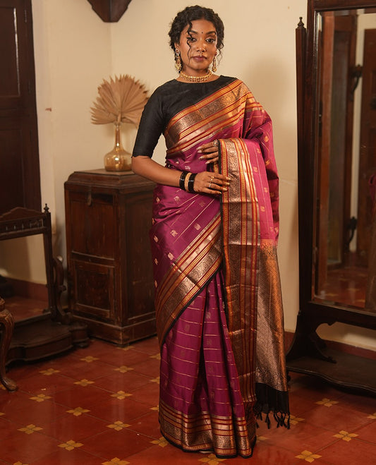 Majenta Striped-Mayil Buttas Vasundhara Silksaree, Contrast Border of Mayil Kann, Mayil, and Yaali, Jaal Pallu, and a Contrast Blouse
