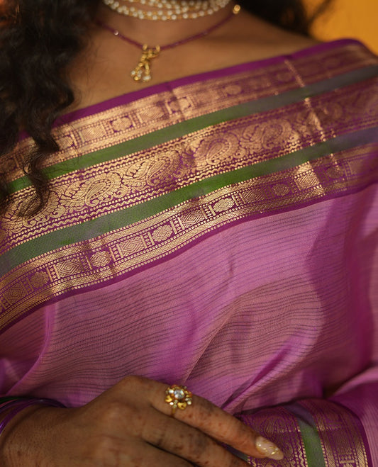 Onion Pink Striped Vasundhara Silk Saree, Contrast Border of Muthu, Mayil Kann, Kamalam, and Manga, Jaal Pallu, a Contrast Blouse
