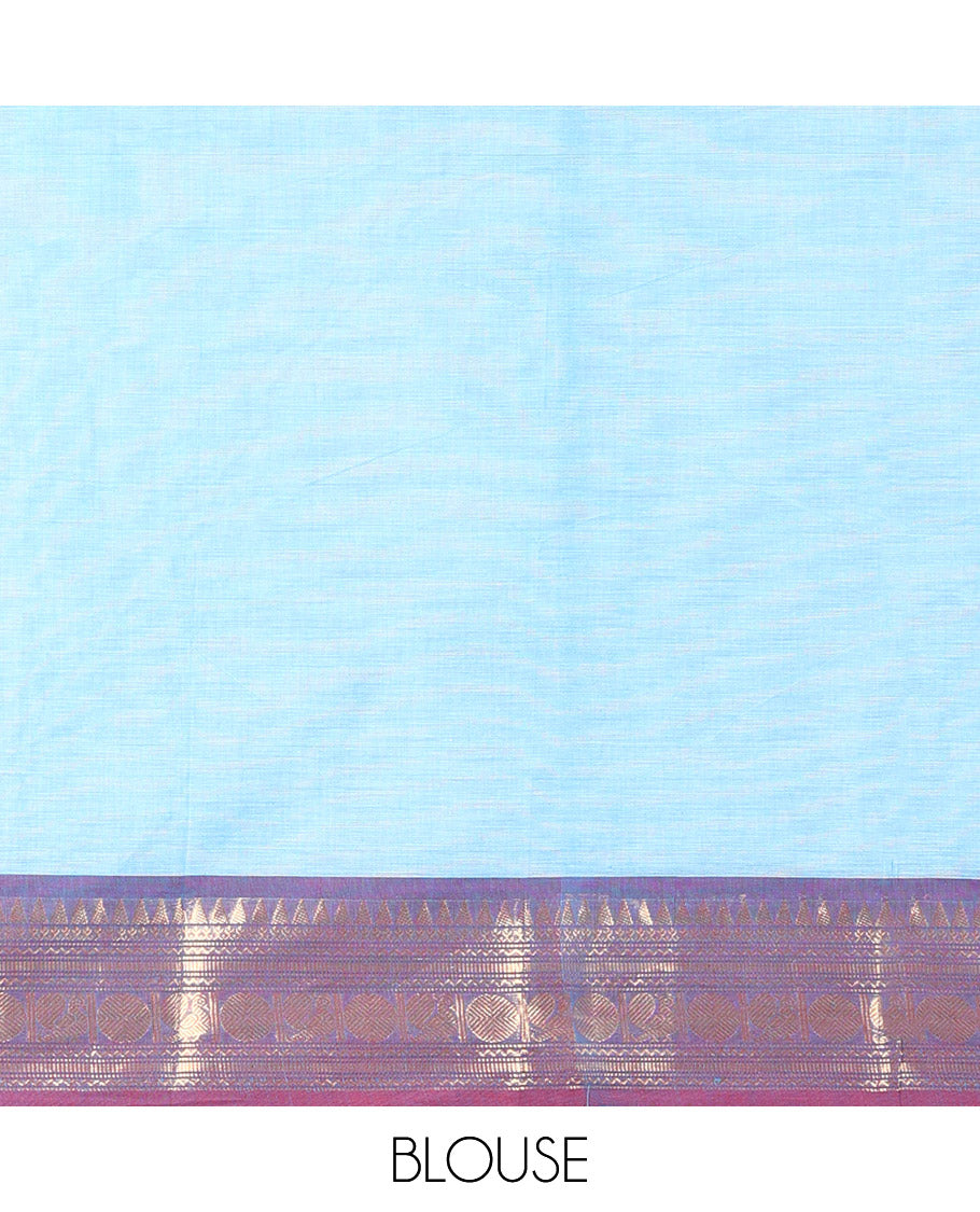 Blue Chettinad Cotton Saree Decked up with Buttas All Over Its Body, Complemented by a Contrast Border of Traditional Zari Designs, and Pallu Features Stripes and Buttas