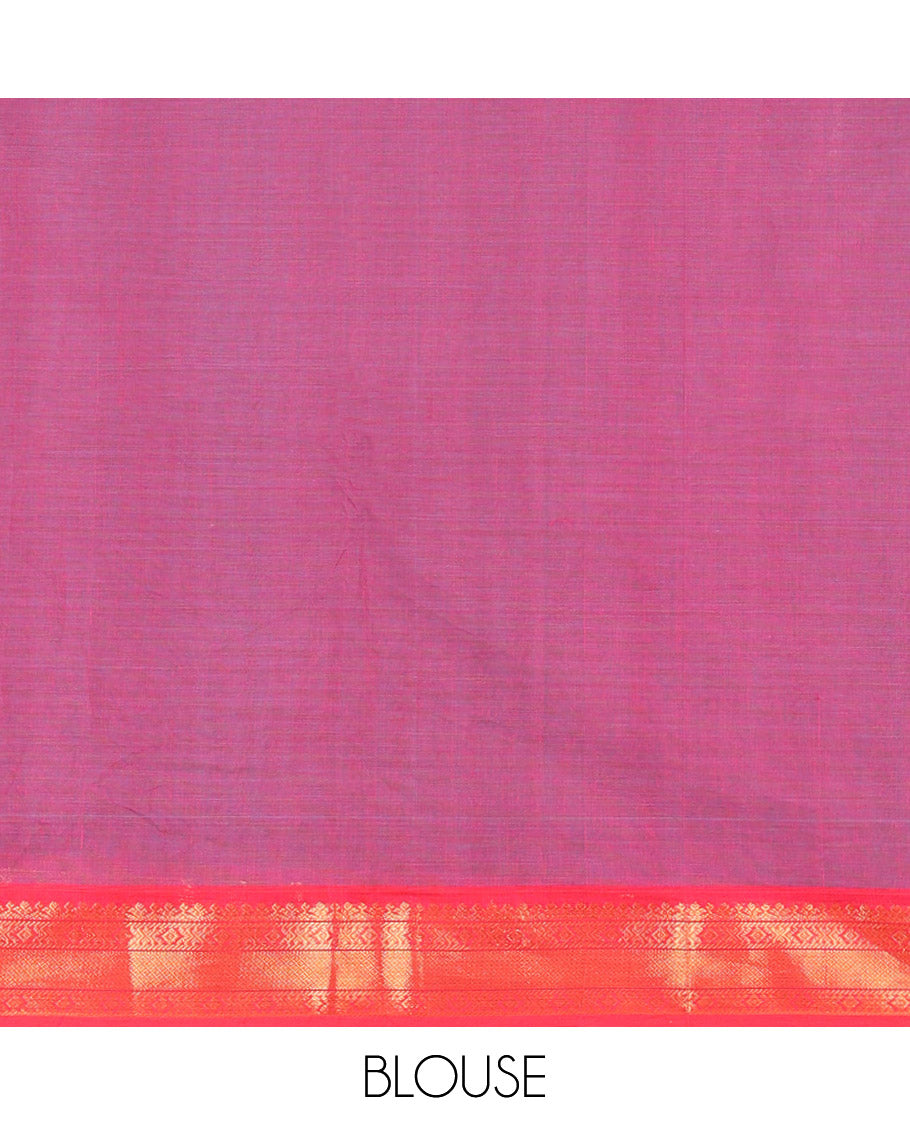 Magenta Chettinad Cotton Saree Ornamented with Zari Buttas All Over Its Body, Complemented by a Contrast Border of Traditional Zari Designs, and Pallu Embellished with Intricate Zari Designs