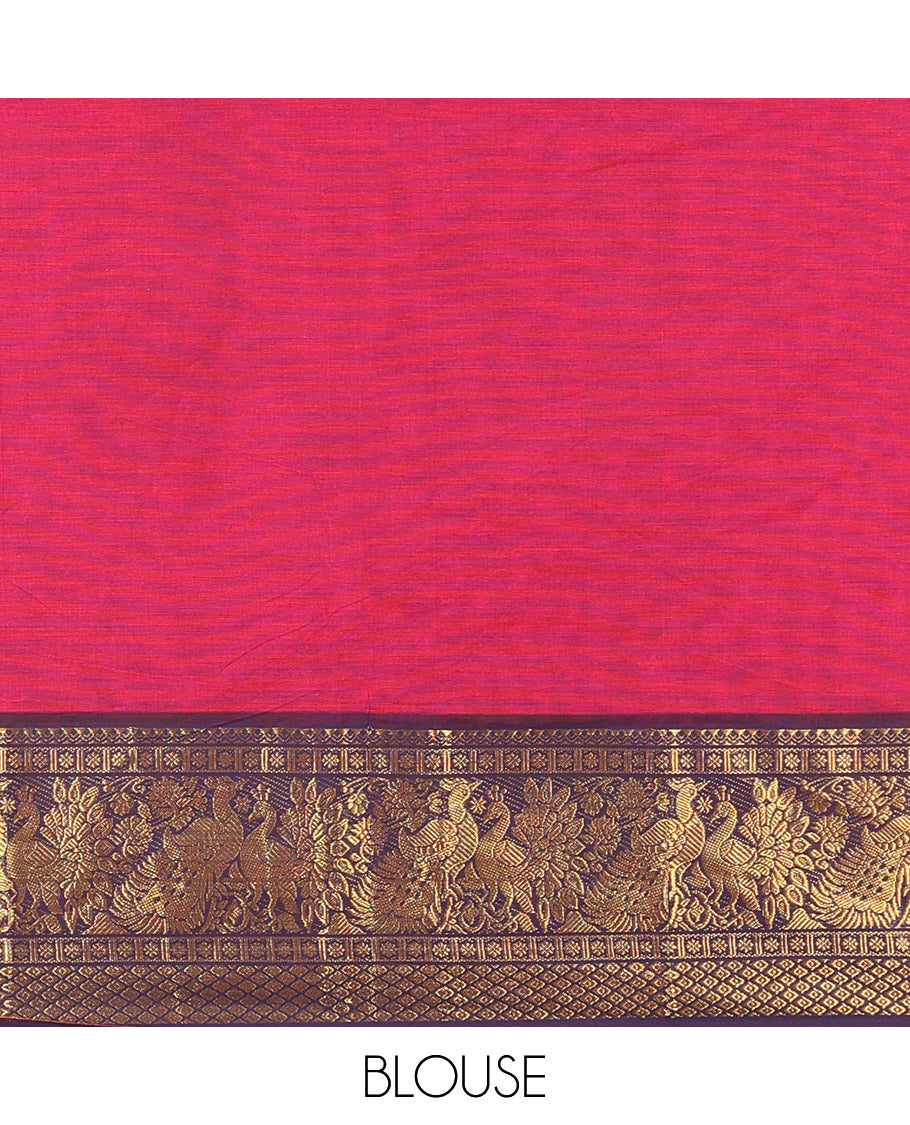 Red Plain Chettinad Cotton Saree, Complemented by a Contrast Traditional Zari Border of Peacock Designs, and a Pallu of Zari Stripes
