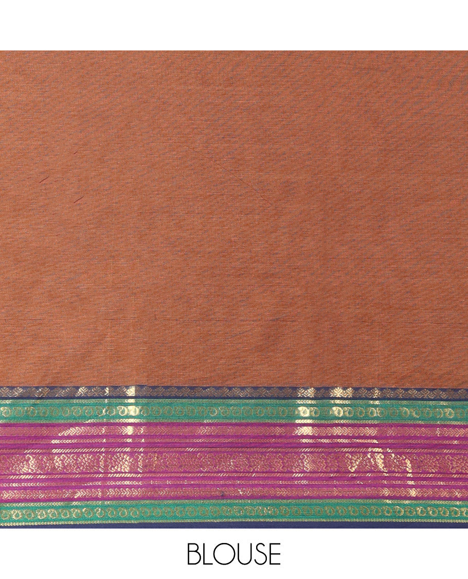 Brown Plain Chettinad Cotton Saree, Complemented by a Contrast Traditional Zari Design Woven Border, and a Pallu of Stripes