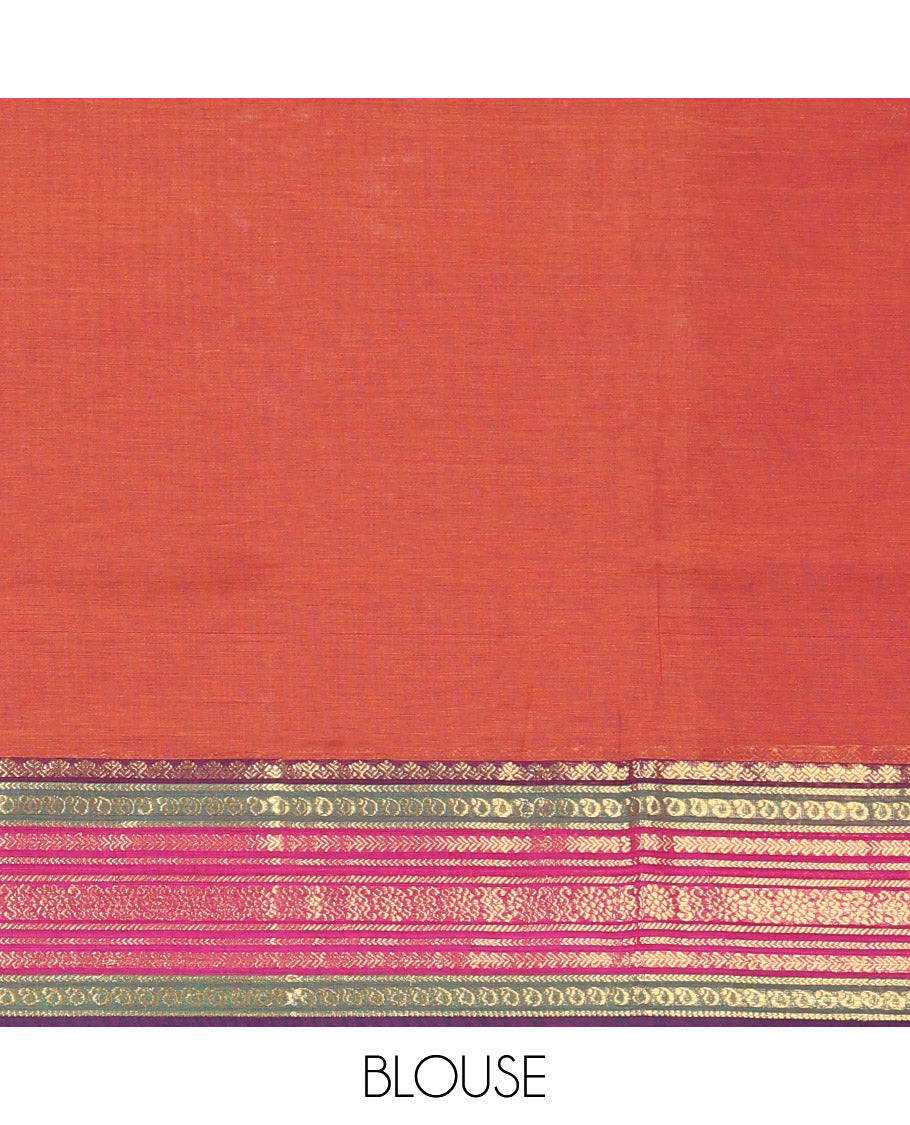 Rust Orange Plain Chettinad Cotton Saree, Highlighted  by a Contrast Traditional Zari Border, and a Pallu Steeped with Stripes