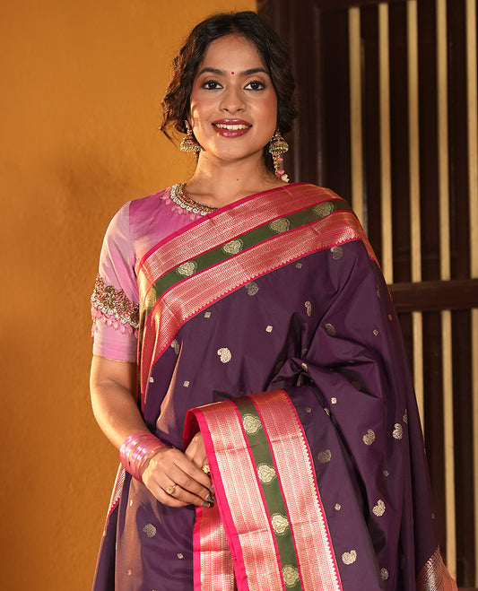 Wine Maroon and Dark Pink Budget Silk Saree, Accentuated with Manga and Diamond Buttas on Its Body, Complemented by Contrast Traditional Zari Design Border, Pallu Steeped with Traditional Designs, and Paired with a Contrast Blouse
