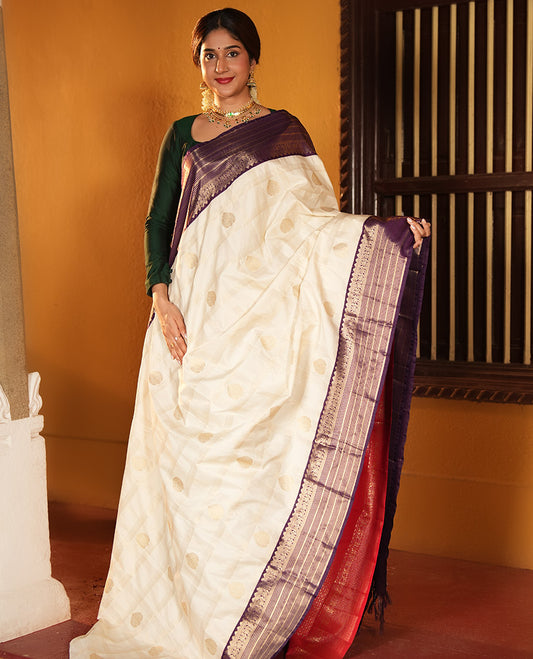 Off-White and Purple Budget Silk Saree, Bedecked with Zari Butta Enclosed Checks on Its Body, Complemented by a Contrast Traditional Zari Design Border of Paisleys, Grand Jaal Pallu, and Paired with a Contrast Blouse