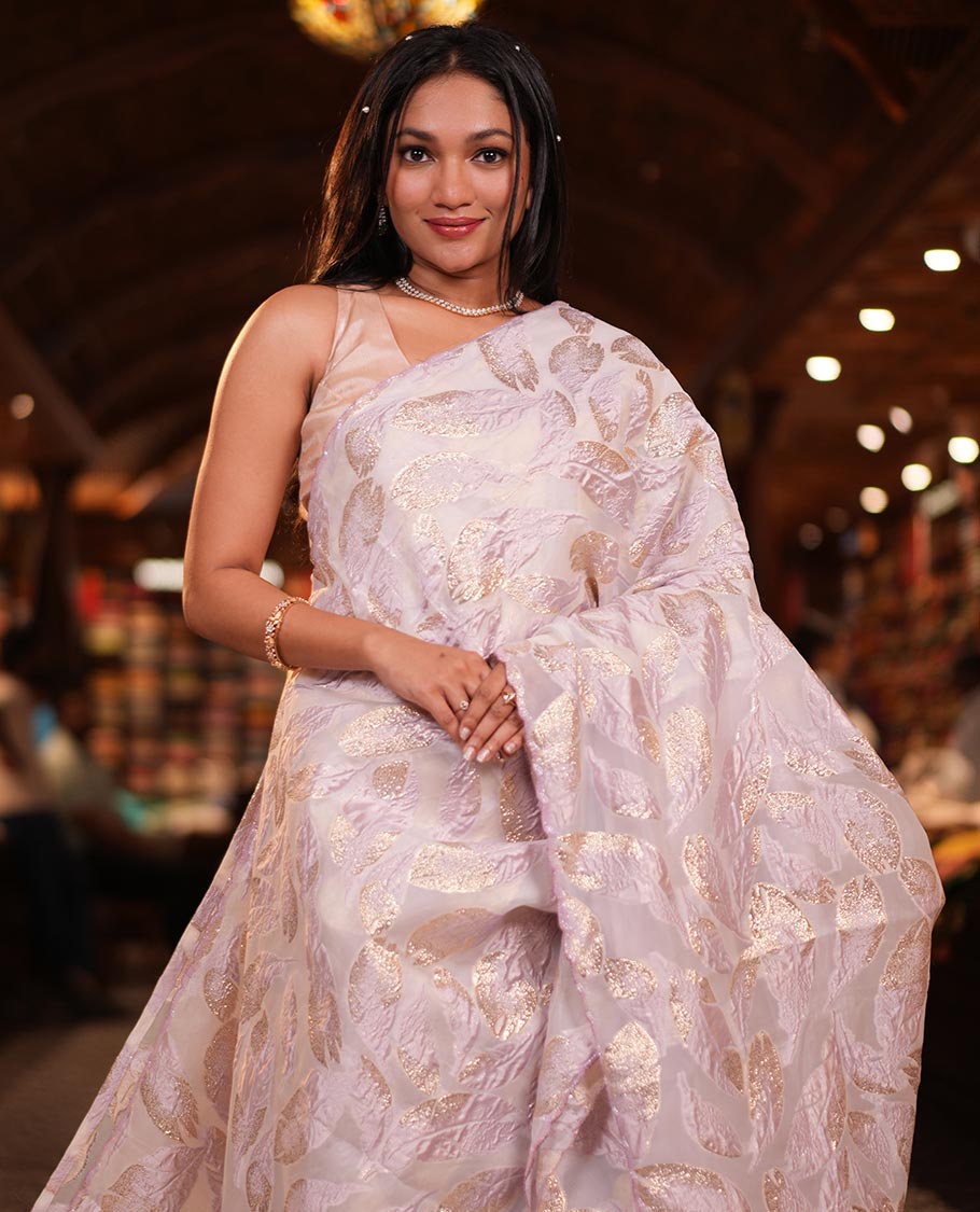 Lavender Turkey Organza Saree Features Leaf Glitterwork, Scallop Beadwork Border, Sequins Embroidered Blouse