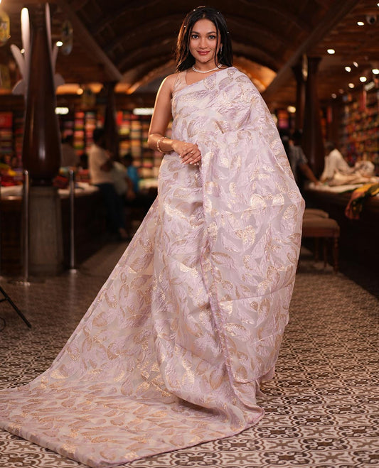 Lavender Turkey Organza Saree Features Leaf Glitterwork, Scallop Beadwork Border, Sequins Embroidered Blouse