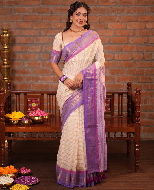 Cream Khadi Mul Cotton Saree, Adorned with Horizontal Stripes on Its Body, Complemented by a Contrast Traditional Zari Design Border, Zari Striped Pallu, and Paired with a Matching Blouse