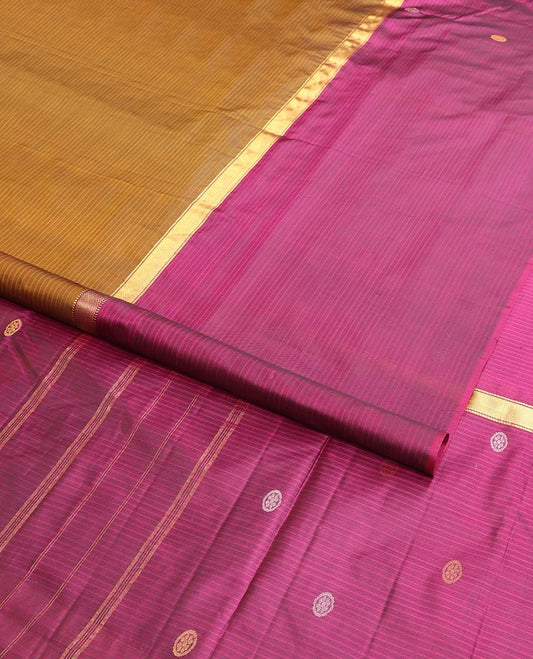 Brown striped kancheepuram silk saree with contrast intricate zari design border & striped, floral design pallu