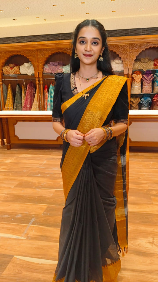 Black plain design Chettinad cotton saree, contrast temple traditional zari design border, striped pallu, and a matching blouse