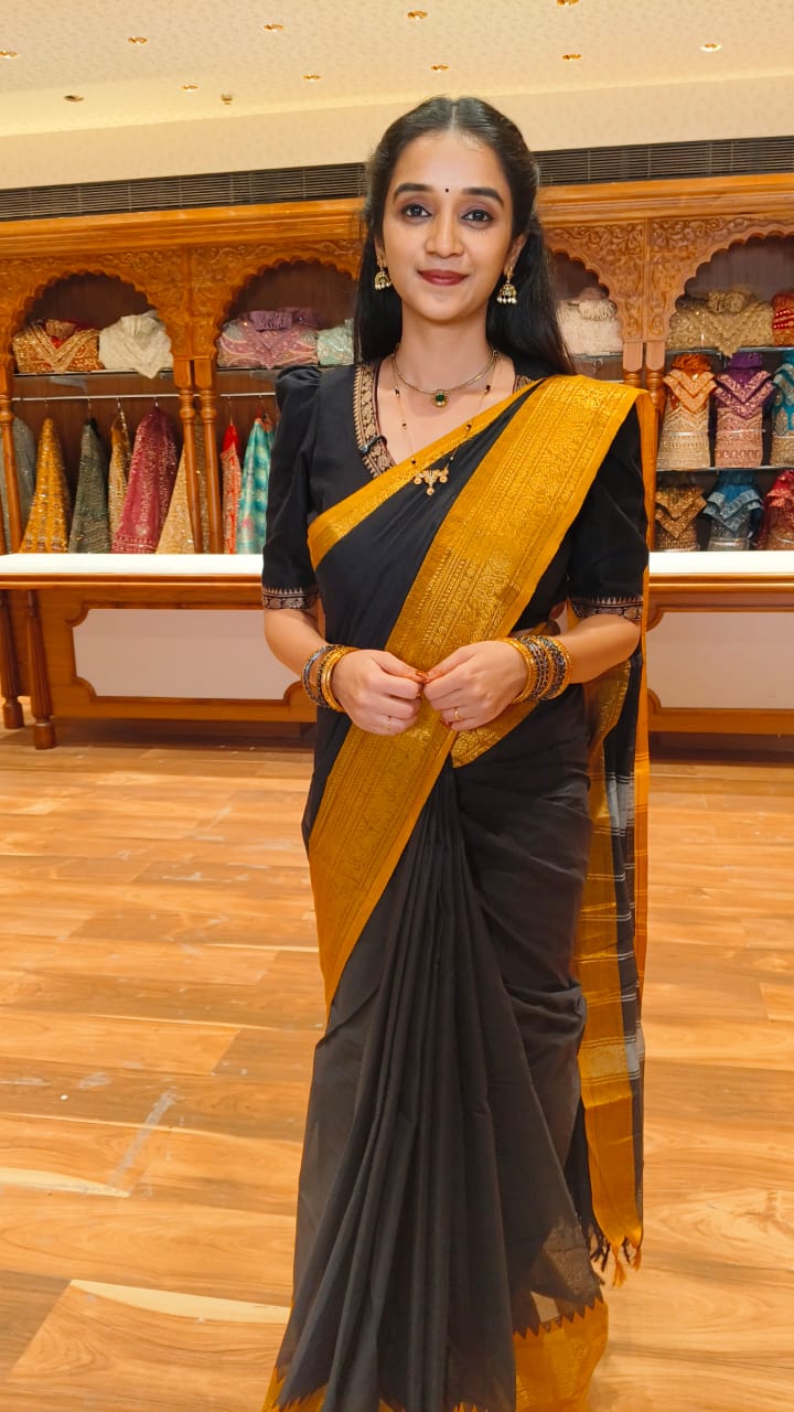 Black plain design Chettinad cotton saree, contrast temple traditional zari design border, striped pallu, and a matching blouse