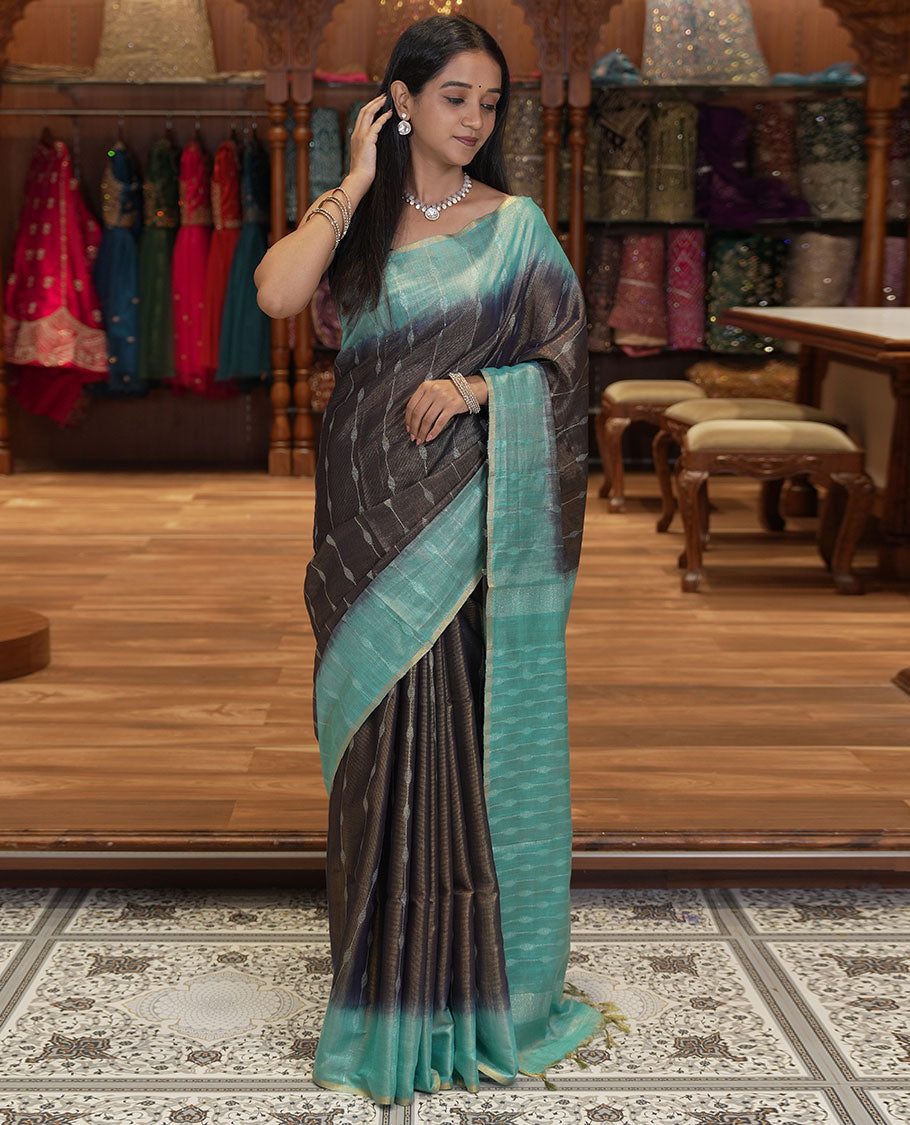 Navy Blue  Bhagalpur Cotton Saree, Accentuated with Dotted-Thread Stripes, Contrast Thread Striped Border, Pallu of Thread Stripes, and a Contrast Blouse