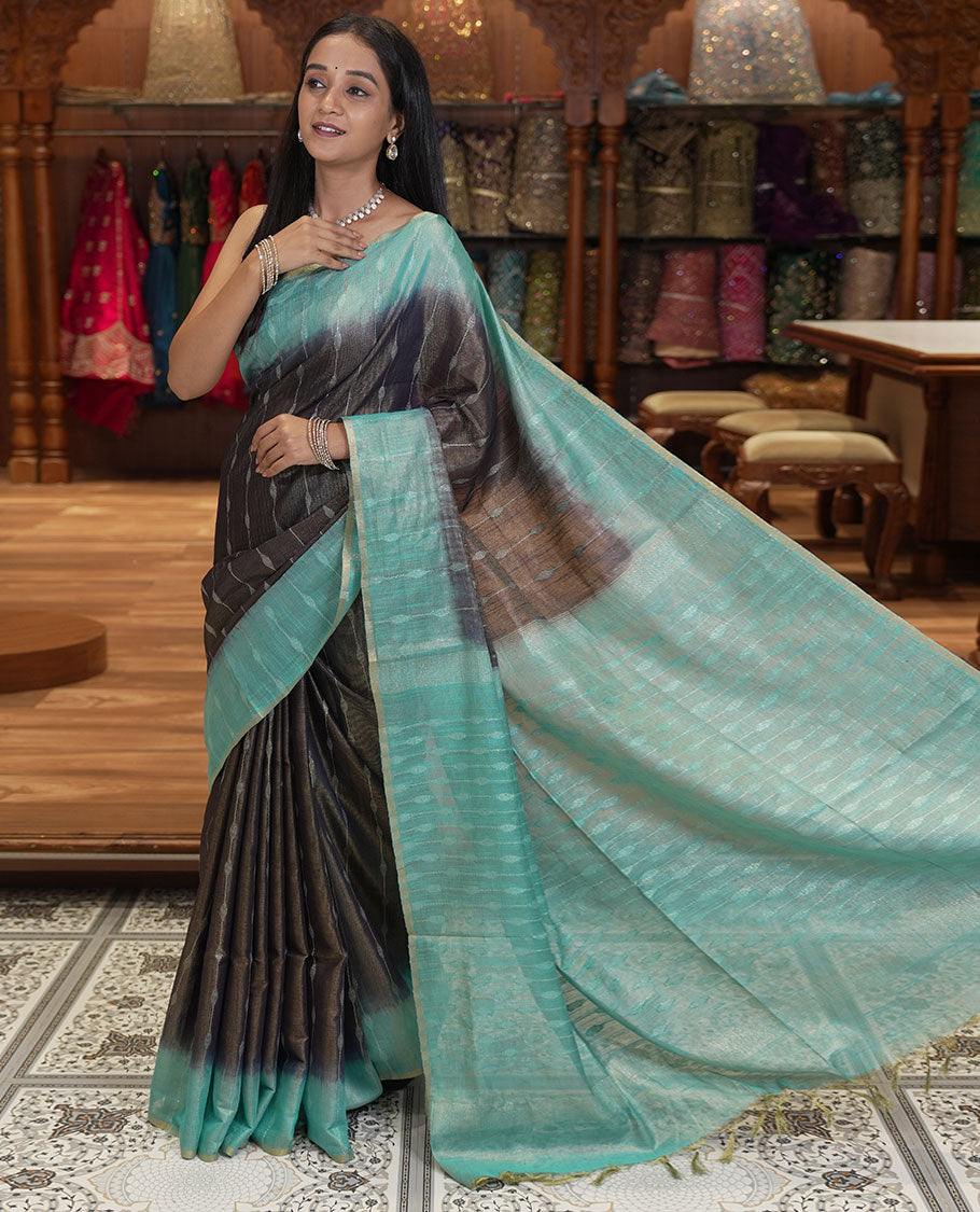 Navy Blue  Bhagalpur Cotton Saree, Accentuated with Dotted-Thread Stripes, Contrast Thread Striped Border, Pallu of Thread Stripes, and a Contrast Blouse