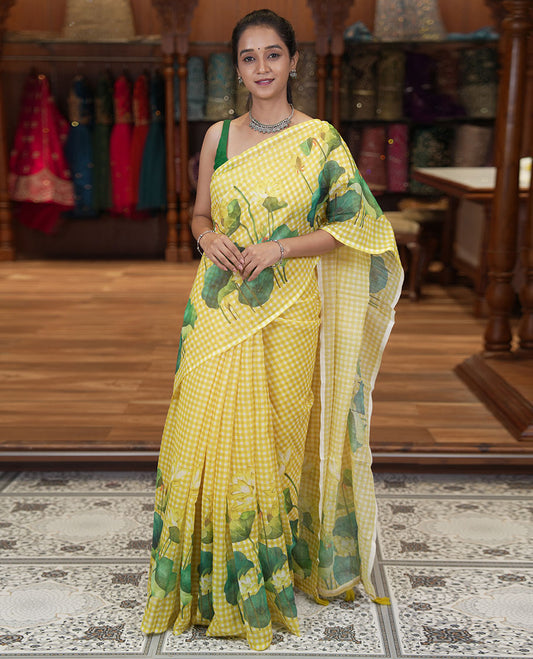 Borderless Yellow Linen Cotton Saree, Adorned with Micro-Checks and Pichwai Lotus Print, a Subtle Pallu, and a Matching Blouse