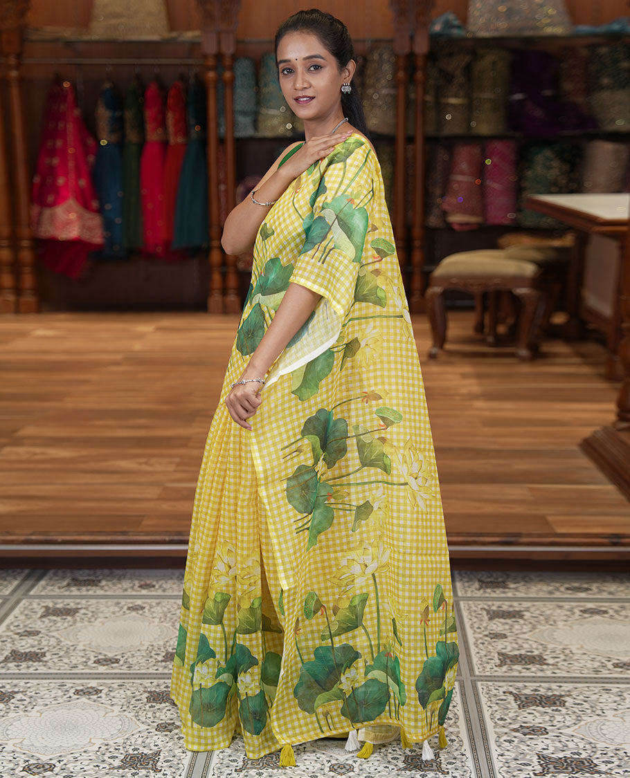 Borderless Yellow Linen Cotton Saree, Adorned with Micro-Checks and Pichwai Lotus Print, a Subtle Pallu, and a Matching Blouse