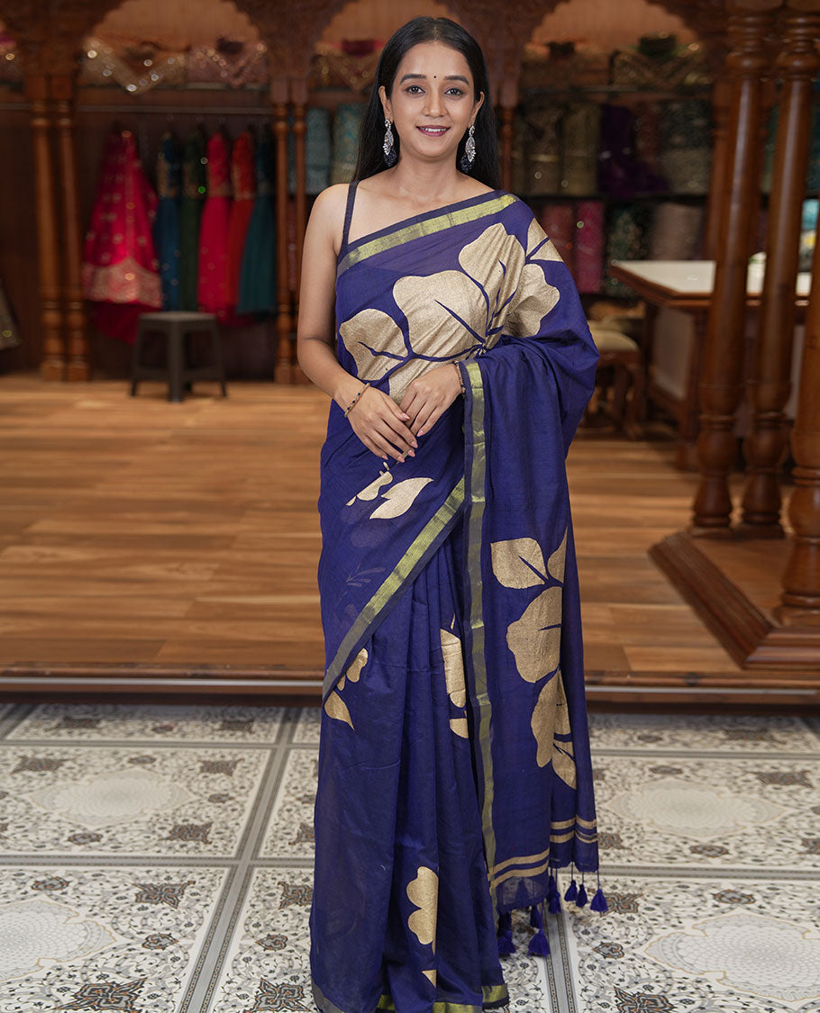 Borderless Navy Blue Khadi Mul Cotton Saree, Elevated with Big Floral Motifs on Its Body, a Self-Pallu, and Paired with a Matching Blouse