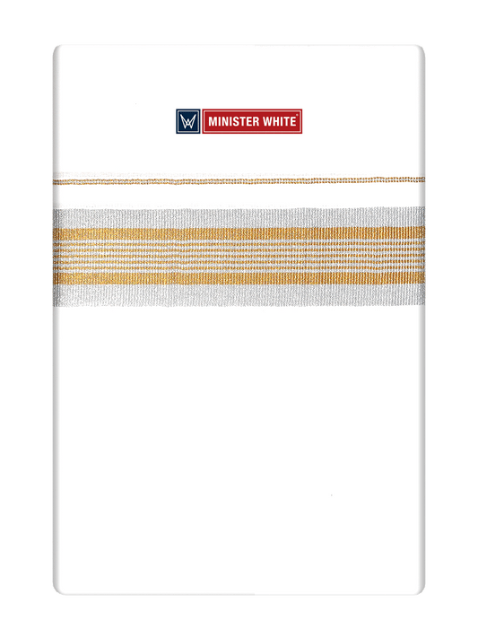 Men's Cotton White Single Layered Dhoti with Gold & Silver Jari Fancy Border - Ferry
