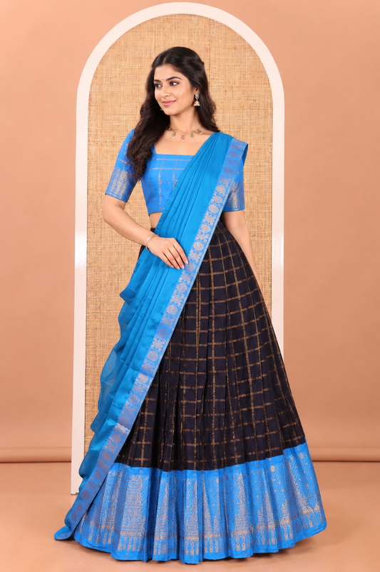 Navy Blue-Firozi Blue Sungudi Cotton Half-Saree Features Checked Skirt, Contrast Gopuram Border, Contrast Blouse, and Zari-Bordered Syska Georgette Dhavani