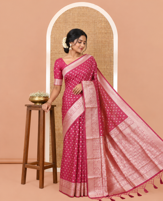 Deep Maroon Elite Soft Silk Saree, Elevated with Rudraksham Zari Buttas, Traditional Zari Border, Rich Pallu, and a Matching Blouse
