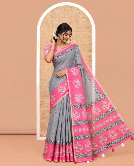 Black-Rani Pink Linen Cotton Saree