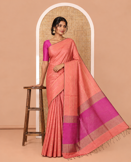 Borderless Onion Pink Semi-Raw Silk Saree, Embellished with Muthu Stripes on Its Body, Complemented by a Contrast Zari Striped Pallu, and Paired with a Contrast Blouse