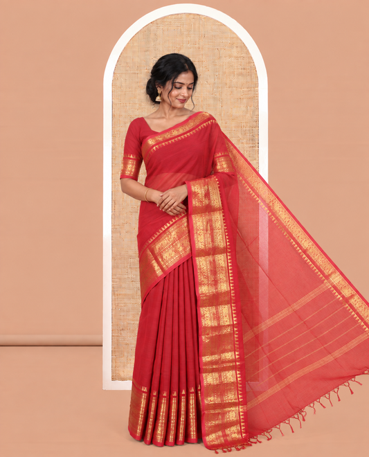 Red Plain Chettinad Cotton Saree