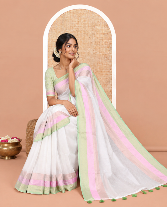 Cream Plain Chanderi Cotton Saree, Complemented by a Contrast Tri-Color Zari Border, and a Contrast Blouse