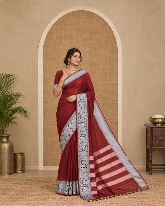 Maroon Plain Mercerised Cotton Saree,  a Self-Border of Temple, Peacock, and Floral,  Striped Pallu, and a Matching Blouse