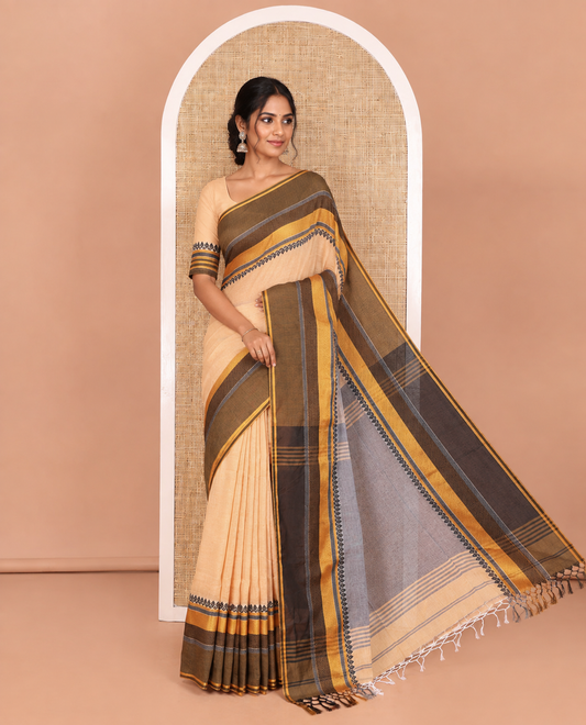 Chikku Plain Khadi Mul Cotton Saree, Complemented by a Contrast Thread-Woven Border of Geometric Patterns, Contrast Plain Pallu, and Paired with a Matching Blouse